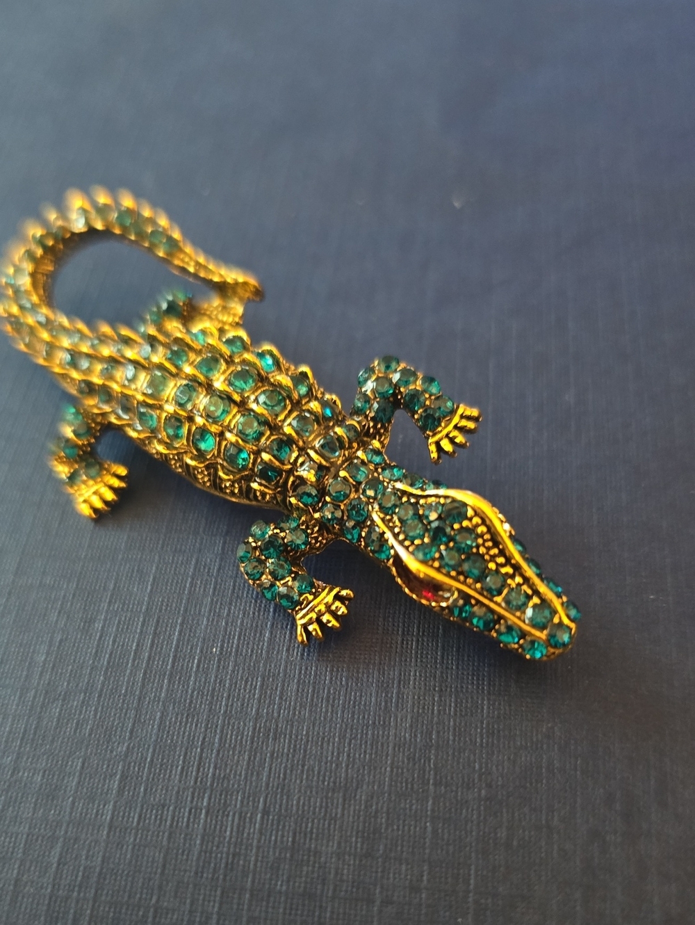 Gold-Tone BLUE Green Crystal Alligator Reptile Ornament - Unbranded